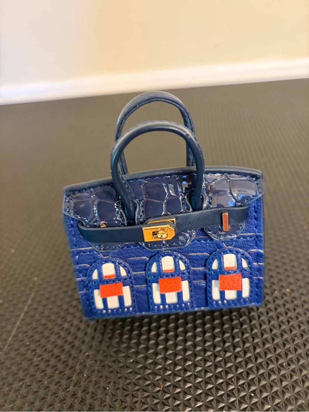 Blue Mini vegan leather charm with Croc Texture and Geometric Accents